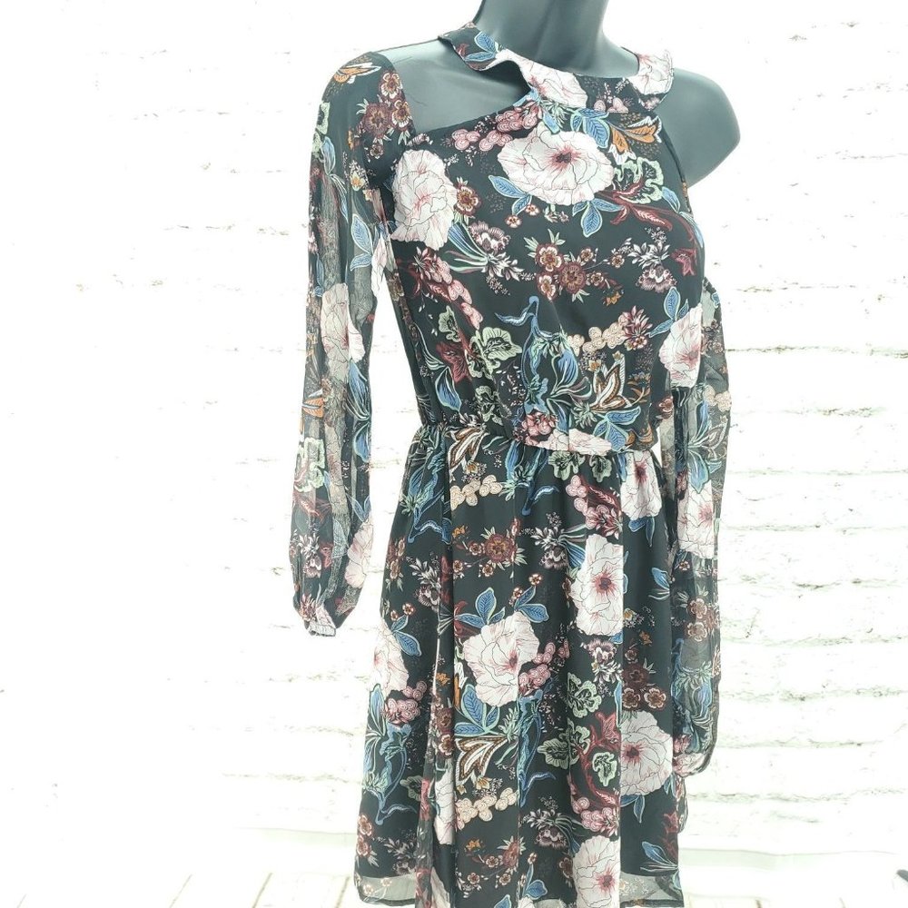 Freshman Womens Black Floral Long Sleeve Cold Shoulder Lined Skater Dress Sz XS